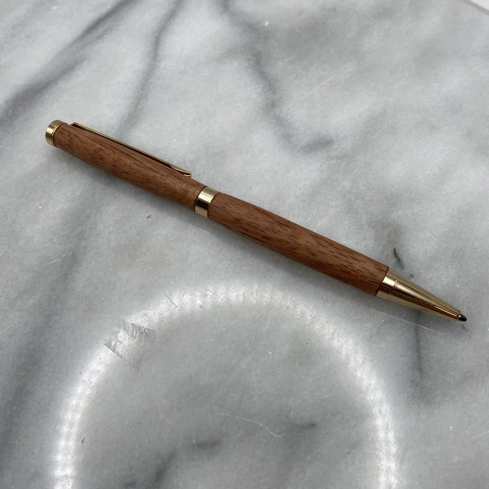 Elegant Slimline Handmade Wooden Ball Point Twist Blue Pen W/ Gold Plated Trim